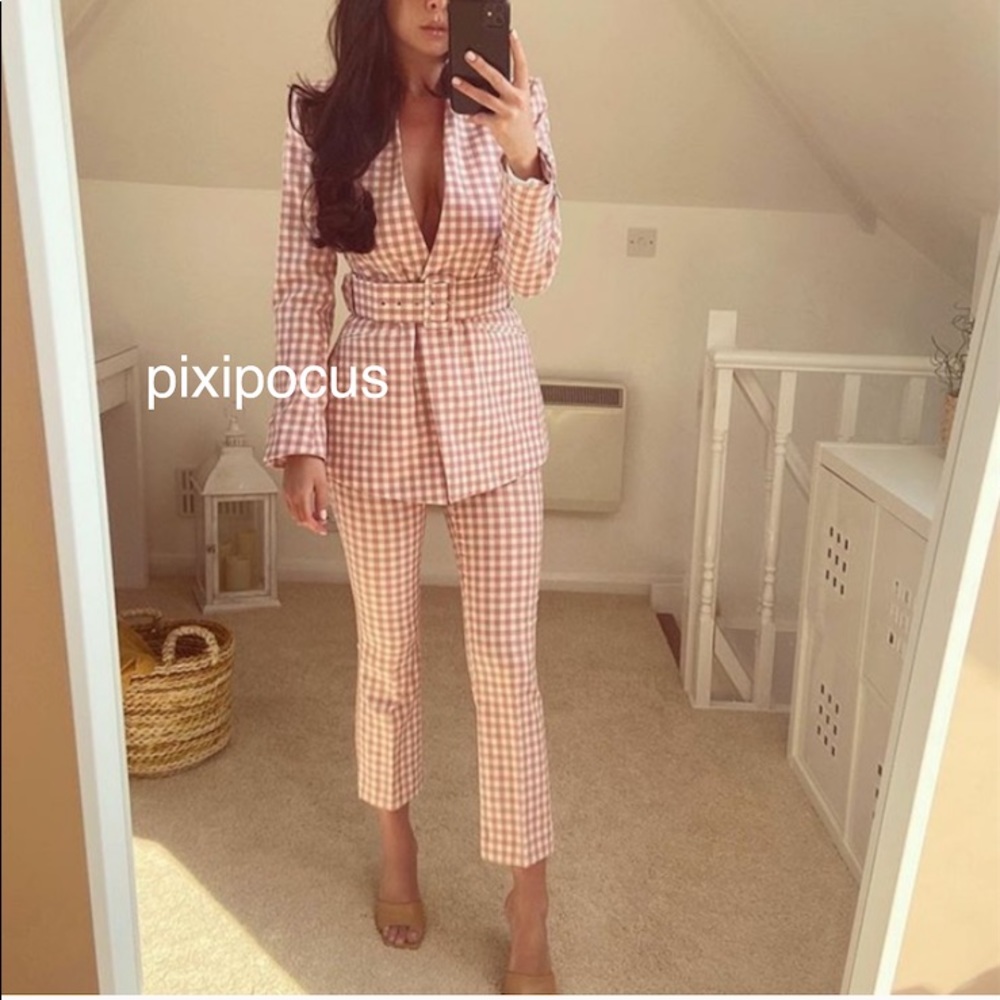 NWT Zara 2 Piece Gingham Belted Blazer + Pants SET - Picture 3 of 12